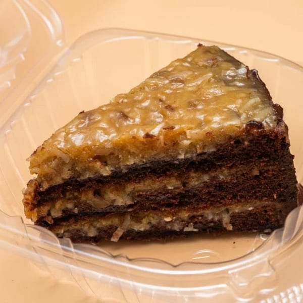 A slice of chocolate cake with coconut frosting in a clear plastic container.